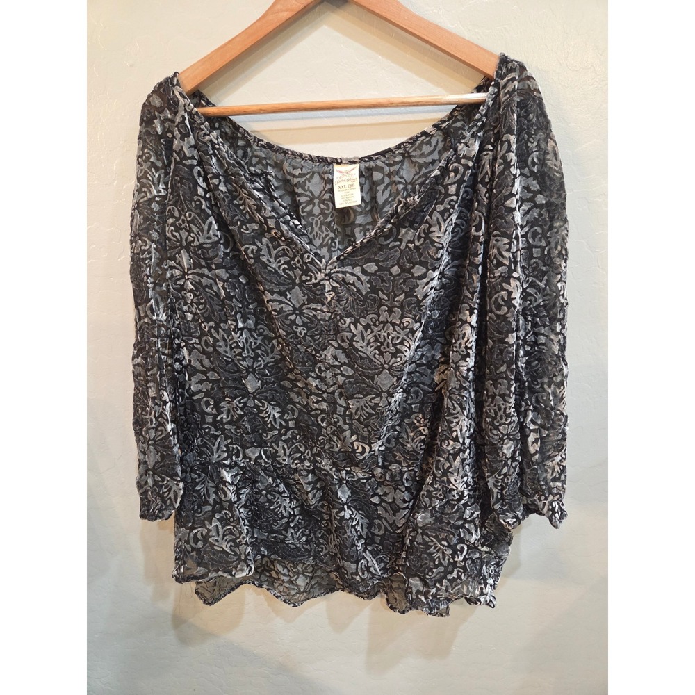 Faded Glory Gray Black Burnout Velvet V-Neck Blouse 3/4 Sleeve XXL 20 Womans Top